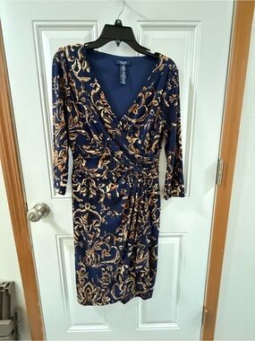 Chaps Navy and Gold Faux-Wrap Long Sleeve Dress